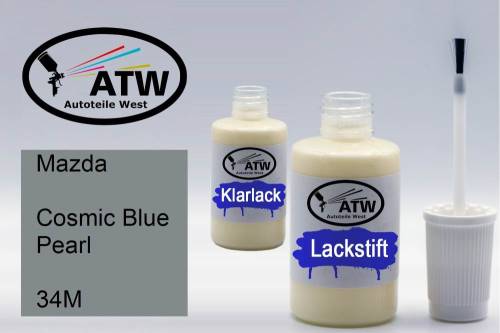 Mazda, Cosmic Blue Pearl, 34M: 20ml Lackstift + 20ml Klarlack - Set, von ATW Autoteile West.